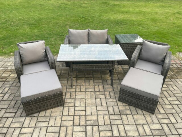 Rackhams Rattan Outdoor Garden Furniture Set Rectangular Dining Table and Chair Sofa Set With Side Table 2 Big Footstool Dark Grey Mixed - image 1