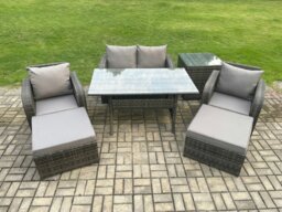 Rackhams Rattan Outdoor Garden Furniture Set Rectangular Dining Table and Chair Sofa Set With Side Table 2 Big Footstool Dark Grey Mixed - thumbnail 1