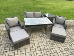 Rackhams Rattan Outdoor Garden Furniture Set Rectangular Dining Table and Chair Sofa Set With Side Table 2 Big Footstool Dark Grey Mixed - thumbnail 2