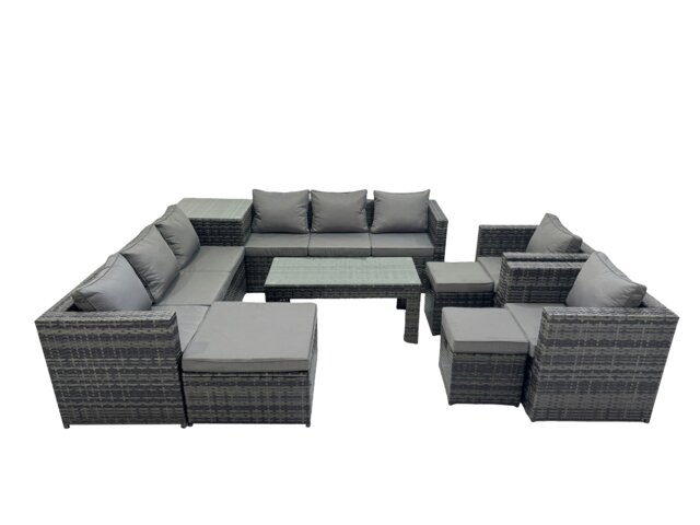 Rackhams Garden Rattan Outdoor Furniture Set 11 Seater Patio Corner Sofa Oblong Coffee Table with Chair 3 Stools Side Table Dark Grey - image 1
