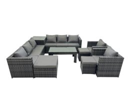 Rackhams Garden Rattan Outdoor Furniture Set 11 Seater Patio Corner Sofa Oblong Coffee Table with Chair 3 Stools Side Table Dark Grey - thumbnail 1