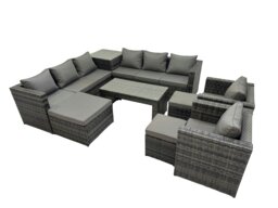 Rackhams Garden Rattan Outdoor Furniture Set 11 Seater Patio Corner Sofa Oblong Coffee Table with Chair 3 Stools Side Table Dark Grey - thumbnail 2