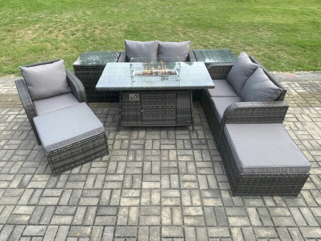 Rackhams Outdoor Rattan Sofa Dining Set - Gas Fire Pit Table, Reclining Chair, 2 Side Tables, 2 Footstools - Dark Grey - image 1