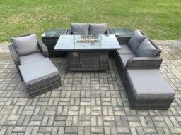 Rackhams Outdoor Rattan Sofa Dining Set - Gas Fire Pit Table, Reclining Chair, 2 Side Tables, 2 Footstools - Dark Grey - thumbnail 1
