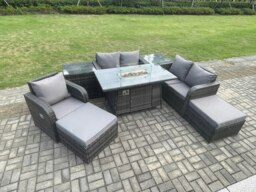 Rackhams Outdoor Rattan Sofa Dining Set - Gas Fire Pit Table, Reclining Chair, 2 Side Tables, 2 Footstools - Dark Grey - thumbnail 2
