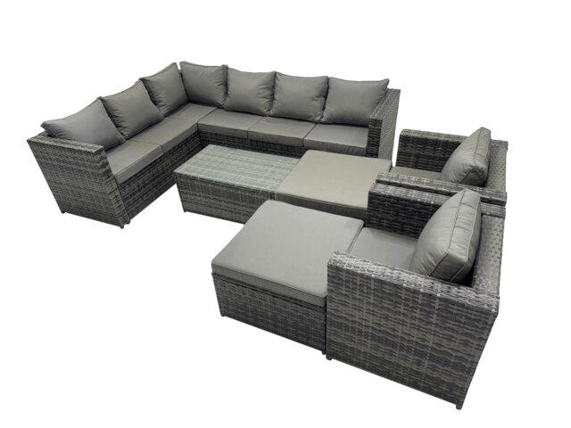 Rackhams Outdoor Rattan Rectangular Coffee Table Corner Sofa Sets Garden Furniture Set with 2 Chairs 2 Big Stools Dark Grey Mixed - image 1