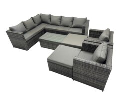 Rackhams Outdoor Rattan Rectangular Coffee Table Corner Sofa Sets Garden Furniture Set with 2 Chairs 2 Big Stools Dark Grey Mixed - thumbnail 1