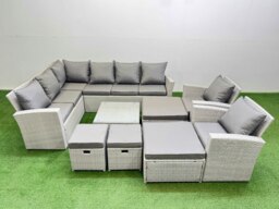 Rackhams Outdoor Rattan Garden Furniture Set 12 Seater Corner Sofa Sets with Square Coffee Table Chair 4 Footstools Light Grey Mixed - thumbnail 1