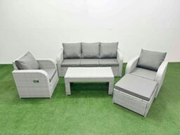Rackhams PE Rattan Garden Furniture Set Reclining Chair Sofa Lounge Sofa Set Rectangular Coffee Table Big Footstool Light Grey - thumbnail 1