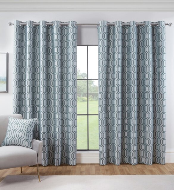 "Rackhams Dakotta Geometric Eyelet Curtains Ring Top Pair - Green - 90 x 72""" - image 1