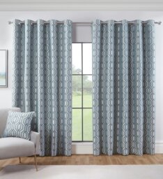 "Rackhams Dakotta Geometric Eyelet Curtains Ring Top Pair - Green - 90 x 72""" - thumbnail 1