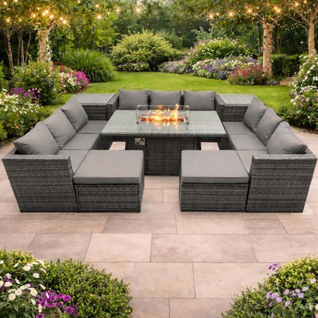 Rackhams 10 Seater Rattan Garden Furniture Dining Set with Glass Top Fire Pit Dining Table, 2 Side Tables, 2 Footstools - image 1