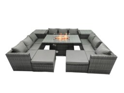Rackhams 10 Seater Rattan Garden Furniture Dining Set with Glass Top Fire Pit Dining Table, 2 Side Tables, 2 Footstools - thumbnail 2