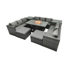 Rackhams 10 Seater Rattan Garden Furniture Dining Set with Glass Top Fire Pit Dining Table, 2 Side Tables, 2 Footstools - thumbnail 3