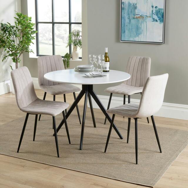 Rackhams Aspen Dining Set - White Round Table & 4 Upholstered Straight Stitch Dining Chairs - Natural - image 1