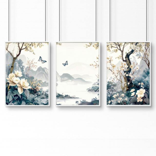 Rackhams Paintings For Living Room - Set of 3 Chinoiserie Wall art Prints - A2 16.54 x 23.39 in / 42 x 59.4 cm - Satin Photo paper 280 gsm - White Frame - image 1