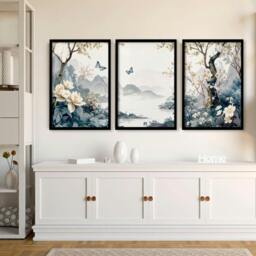 Rackhams Paintings For Living Room - Set of 3 Chinoiserie Wall art Prints - A2 16.54 x 23.39 in / 42 x 59.4 cm - Satin Photo paper 280 gsm - White Frame - thumbnail 6