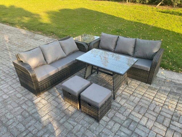 Rackhams Garden Furniture Sofa Set Rectangular Dining Table 2 Small Footstool Side Table Indoor Outdoor 8 Seater Rattan Set Dark Grey Mixed - image 1