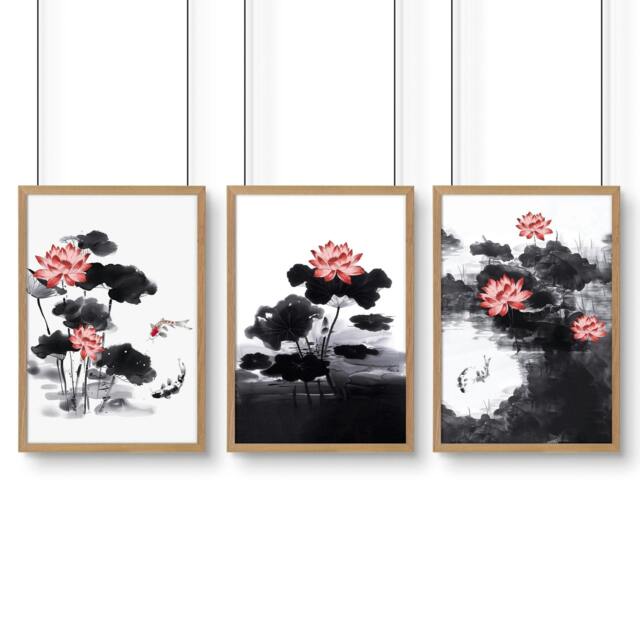 Rackhams Living Room Canvas - Set of 3 Asian Inspired Wall art Prints - 20 x 30 in / 50 x 76 cm - Satin Photo paper 280 gsm - Oak Frame - image 1