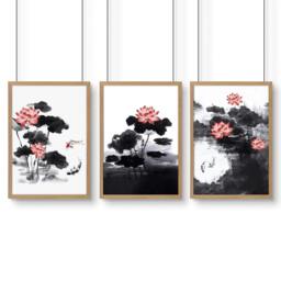 Rackhams Living Room Canvas - Set of 3 Asian Inspired Wall art Prints - 20 x 30 in / 50 x 76 cm - Satin Photo paper 280 gsm - Oak Frame