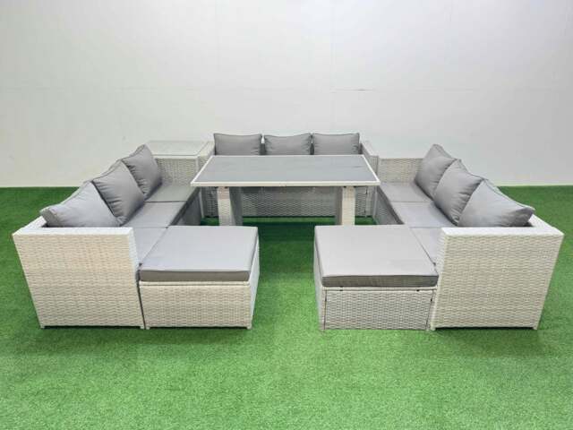 Rackhams Patio Outdoor Garden Furniture Sets with Black Glass Top Dining Table 3 Seater Sofa Side Table 2 Big Stool Light Grey - image 1