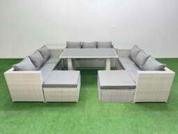 Rackhams Patio Outdoor Garden Furniture Sets with Black Glass Top Dining Table 3 Seater Sofa Side Table 2 Big Stool Light Grey
