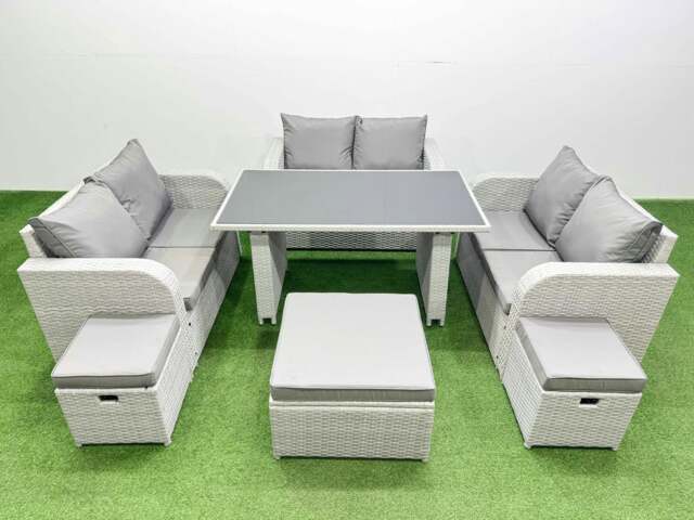 Rackhams 9 Seater Patio Garden Furniture Sets with Black Glass Top Dining Table Love Sofa 3 Stool Light Grey - image 1
