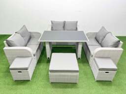 Rackhams 9 Seater Patio Garden Furniture Sets with Black Glass Top Dining Table Love Sofa 3 Stool Light Grey - thumbnail 1