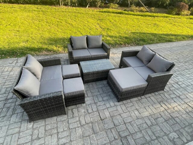 Rackhams 7pc Rattan Sofa Garden Furniture Outdoor Patio Set with 3 Footstools Double Seat Sofa Dark Grey Mixed - image 1