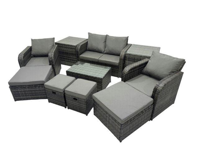Rackhams Outdoor Love Sofa Reclining Chair Coffee Table Set Garden Rattan Furniture Set 8 Seater with 4 Stools 2 Side Tables Dark Grey - image 1