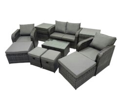 Rackhams Outdoor Love Sofa Reclining Chair Coffee Table Set Garden Rattan Furniture Set 8 Seater with 4 Stools 2 Side Tables Dark Grey - thumbnail 1