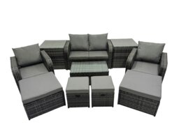 Rackhams Outdoor Love Sofa Reclining Chair Coffee Table Set Garden Rattan Furniture Set 8 Seater with 4 Stools 2 Side Tables Dark Grey - thumbnail 2