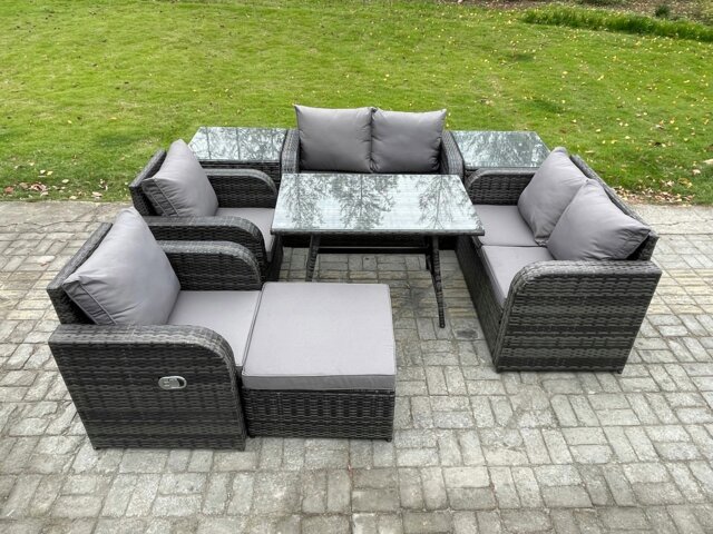 Rackhams Wicker PE Rattan Garden Dining Set Outdoor Furniture Sofa with Rectangular Dining Table 2 Side Tables Big Footstool Dark Grey Mixed - image 1