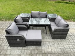 Rackhams Wicker PE Rattan Garden Dining Set Outdoor Furniture Sofa with Rectangular Dining Table 2 Side Tables Big Footstool Dark Grey Mixed - thumbnail 1