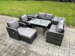 Rackhams Wicker PE Rattan Garden Dining Set Outdoor Furniture Sofa with Rectangular Dining Table 2 Side Tables Big Footstool Dark Grey Mixed - thumbnail 2