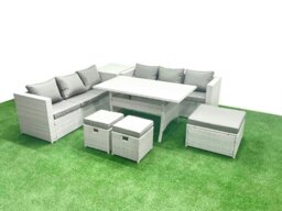 Rackhams Rattan Garden Furniture Set 9 Seater Outdoor Sofa Set with Dining Table Side Table 3 Footstools Light Grey Mixed - thumbnail 1