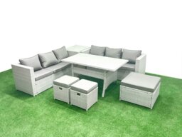 Rackhams Rattan Garden Furniture Set 9 Seater Outdoor Sofa Set with Dining Table Side Table 3 Footstools Light Grey Mixed - thumbnail 2