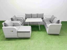 Rackhams PE Rattan Garden Furniture Set Outdoor Rectangular Dining Table Sofa Set with Reclining Chair Big Stool 2 Side Tables Light Grey - thumbnail 1