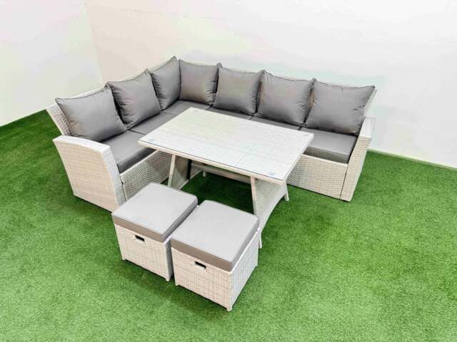Rackhams Garden Outdoor Rattan Furniture Set Rattan Corner Sofa Oblong Dining Table Set with 2 Small Footstools Light Grey Mixed 8 Seater - image 1
