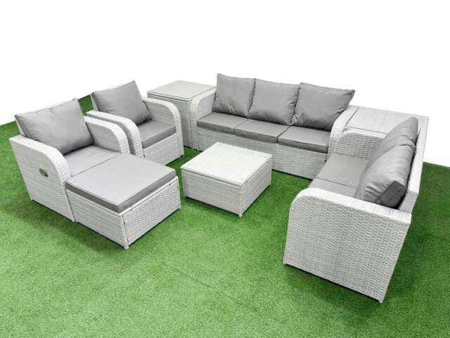 Rackhams Rattan Garden Furniture Set with Adjustable Chair Double Love Seat 2 Seater Sofa Square Coffee Table Big Footstool 2 Side Table Light Grey - image 1