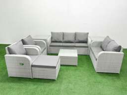 Rackhams Rattan Garden Furniture Set with Adjustable Chair Double Love Seat 2 Seater Sofa Square Coffee Table Big Footstool 2 Side Table Light Grey - thumbnail 2