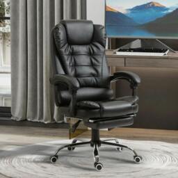 Rackhams Executive Office Chair, PU Leather Home Office Chair with Swivel Wheels, Reclining Backrest, Retractable Footrest, Black - thumbnail 2