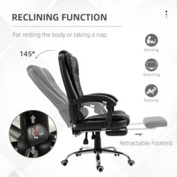 Rackhams Executive Office Chair, PU Leather Home Office Chair with Swivel Wheels, Reclining Backrest, Retractable Footrest, Black - thumbnail 5