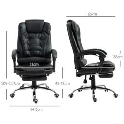 Rackhams Executive Office Chair, PU Leather Home Office Chair with Swivel Wheels, Reclining Backrest, Retractable Footrest, Black - thumbnail 3
