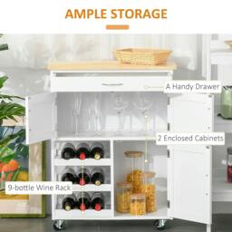Rackhams Modern Kitchen Trolley, Rolling Island Storage Cart with Drawer, 9-bottle Wine Rack, Door Cabinets, Wooden Countertop, White - thumbnail 4