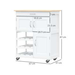 Rackhams Modern Kitchen Trolley, Rolling Island Storage Cart with Drawer, 9-bottle Wine Rack, Door Cabinets, Wooden Countertop, White - thumbnail 3