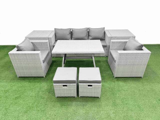 Rackhams 9 Pieces Outdoor PE Rattan Sofa Armchair Set Patio Garden Furniture Sets with Cushions 2 Side Tables 2 Small Stools Light Grey - image 1
