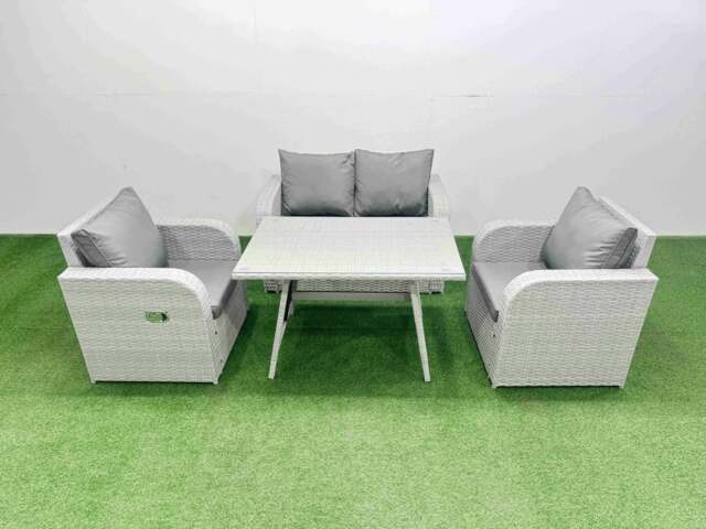 Rackhams Light Grey PE Wicker Rattan Garden Furniture Set Sofa Set Reclining Chair Love Sofa Rectangular Dining Table - image 1