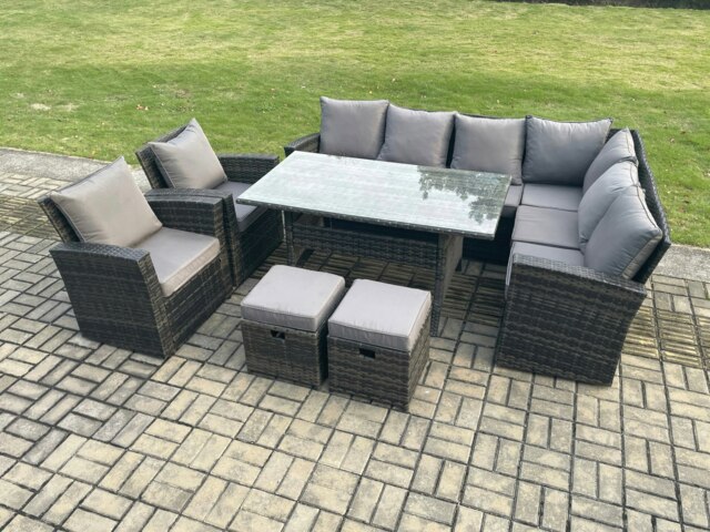 Rackhams 10 Seater Garden Rattan Furniture Corner Sofa Dining Table Chairs with 2 Small Footstools Indoor Outdoor Lounge Sofa Set - image 1
