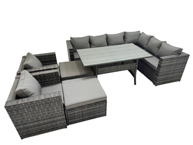 Rackhams Rattan Garden Furniture Set Outdoor 10 Seater Patio Dining Corner Sofa Sets with Dining Table 2 Chairs 2 Big Stools Dark Grey Mixed - image 1